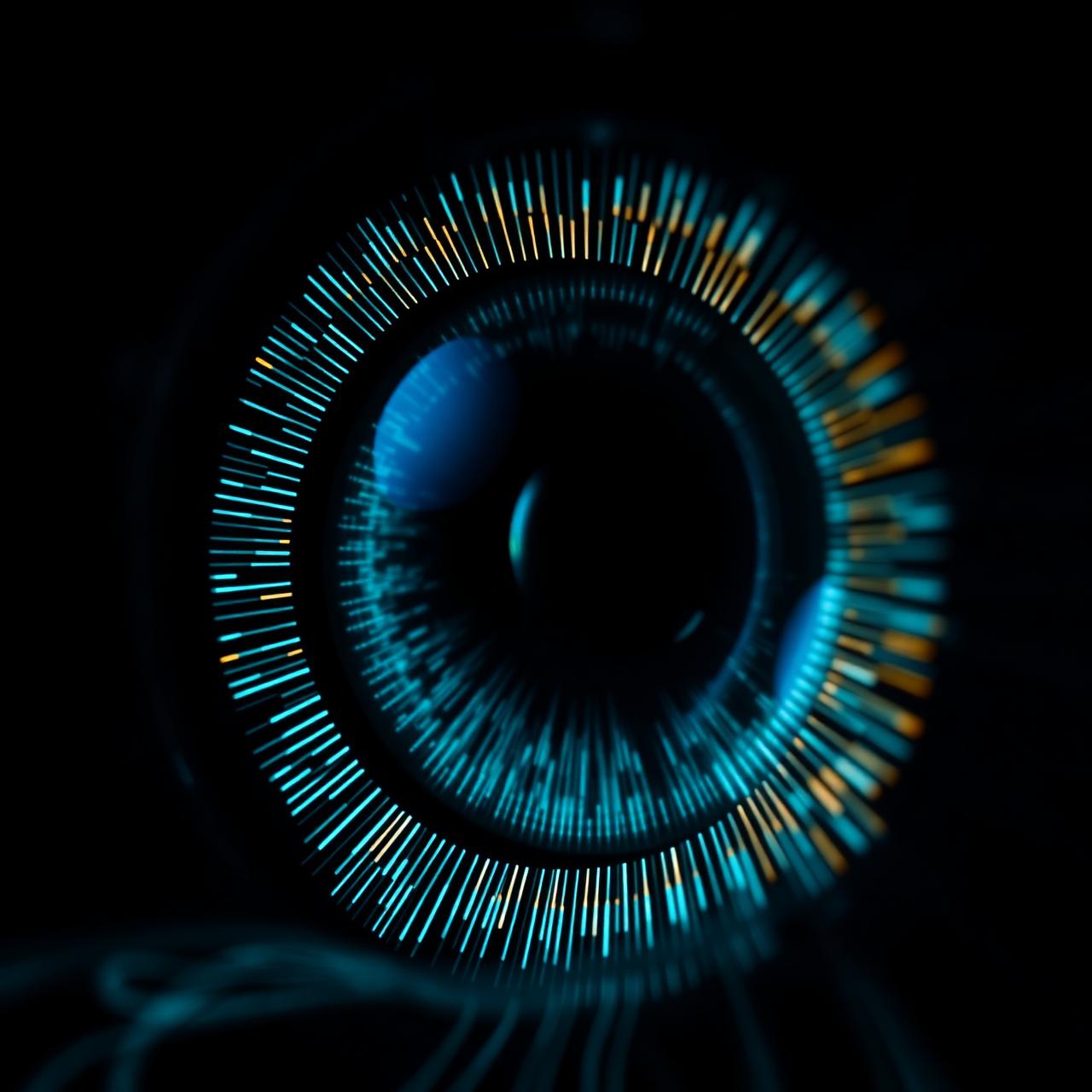 Close-up of a digital iris with intricate circuit patterns